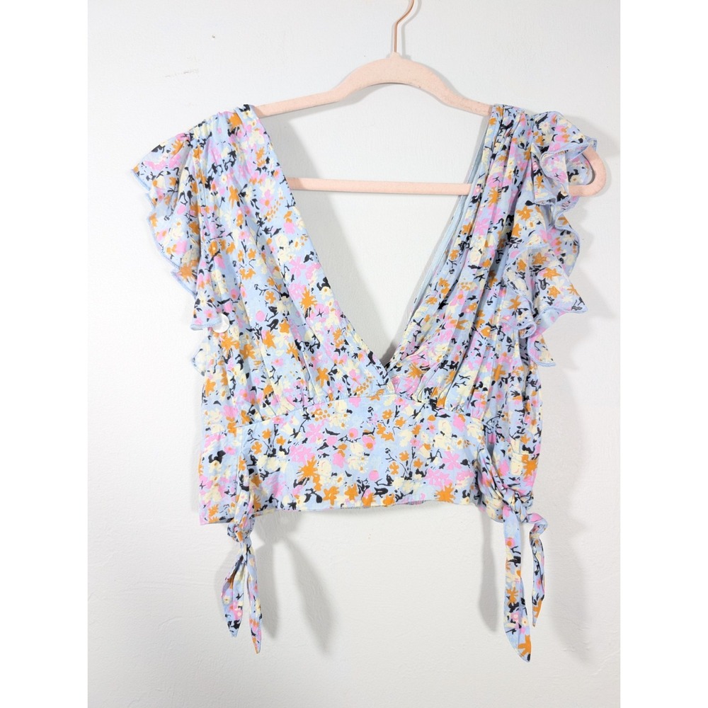 Free People‎ Medium Elastic V-Neck Blouse In Purple Floral Blouse